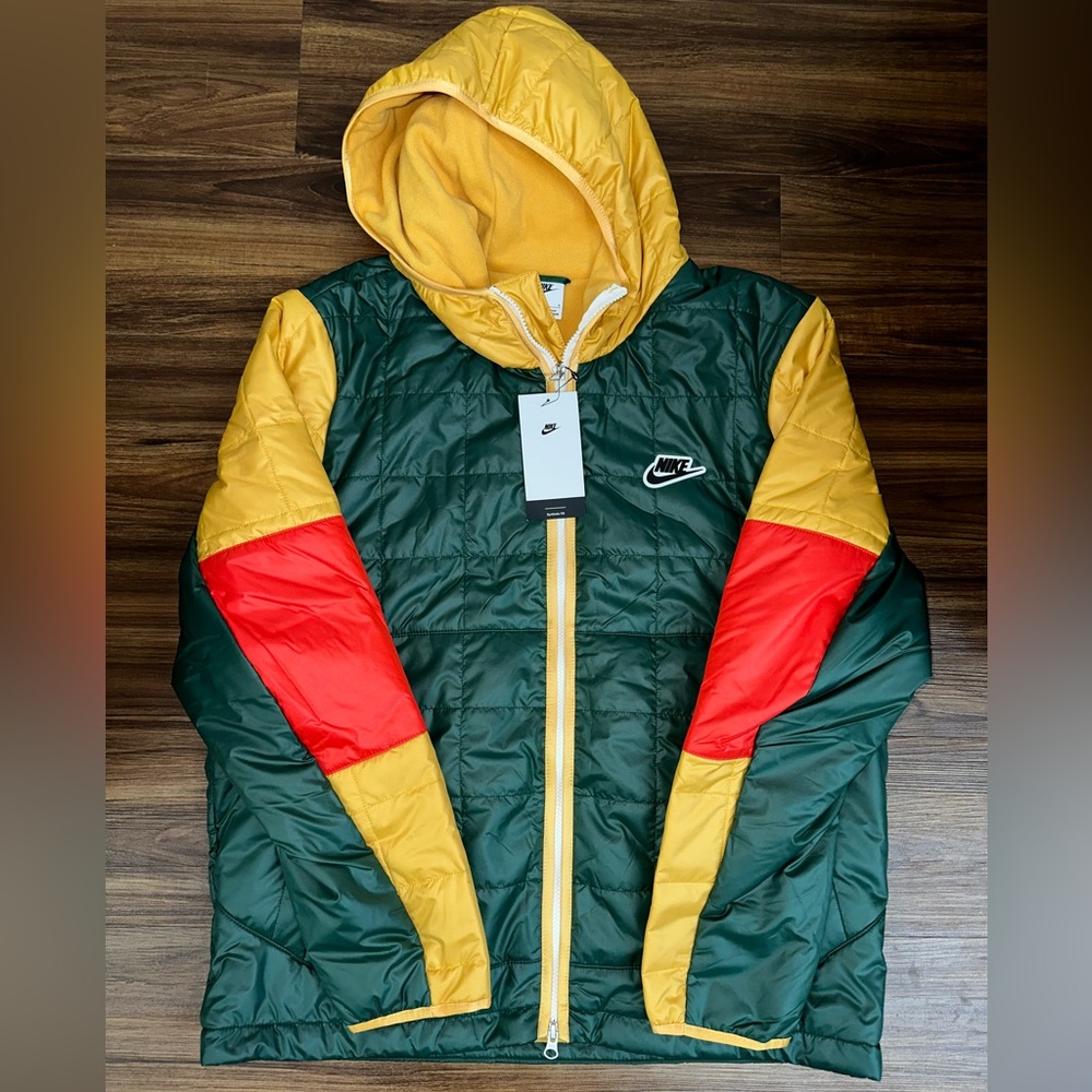 NWT Nike Men’s Hooded Bomber Jacket Synthetic Fill Green/Gold Sz L DJ0433-397